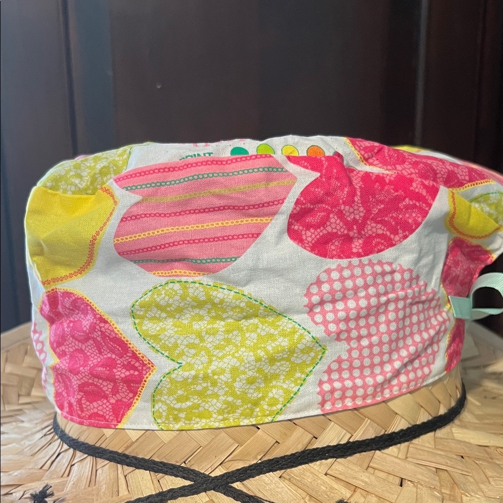 Colorful Heart Patterned scrub cap w/teal lining.